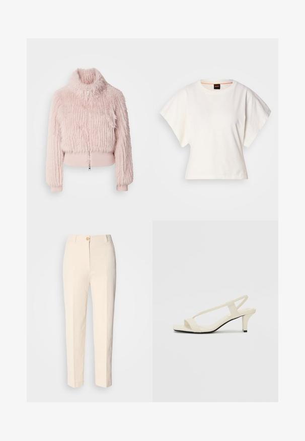 Lyserød fuskepels cropped jakke med høj krave, ribbede manchetter og en frontlynlås. Tekstureret overflade med lodrette striber.; Hvid cropped T-shirt, korte brede ærmer, blødt bomuldsstof, rund halsudskæring med diskret orange kant, minimalistisk design uden mønstre eller grafik.; Cremefarvede, højtaljede bukser lavet af tekstureret stof. Har en lukning med knap foran og tætsiddende ben.; Beige blokhælede sandaler med tynde remme og en firkantet tå. Glat materiale med minimal detaljering, designet til nem brug.