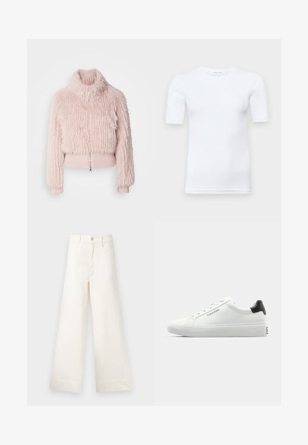 Jachetă scurtă din blană artificială roz, cu guler înalt, detalii cu manșete texturate și fermoar frontal. Suprafață texturată cu dungi verticale.; Tricou alb cu mânecă scurtă, fabricat din bumbac. Are un decolteu rotund și o textură fină, cu cusături minime vizibile la tiv.; Pantaloni cu croi larg din bumbac bej deschis. Prezintă talie înaltă, buzunare frontale și croi drept. Terminare netedă a tivului, fără modele.; Tenisii albi cu un finisaj neted, cu accent pe toc negru și design cu șireturi. Prezintă branding-ul "Calvin Klein" pe lateral. Stil minimalist.