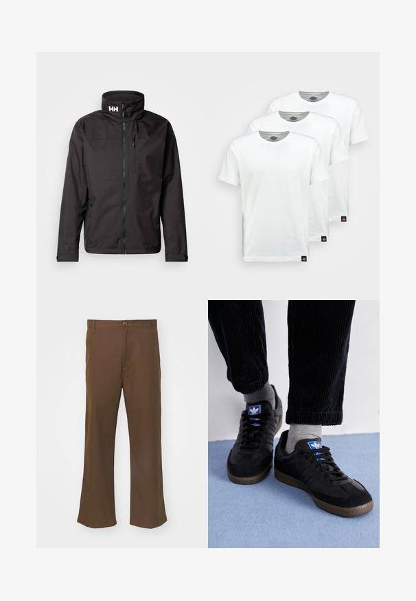 Chaqueta impermeable negra con cuello alto, cremallera frontal y bolsillos con cremallera. Cuenta con un logo en el cuello y tela suave y ligera.; Tres camisetas de algodón blanco liso con mangas cortas. Cada camiseta tiene un escote redondo y una pequeña etiqueta de logo negra en el lado izquierdo.; Pantalones acampanados marrones elaborados con una tela suave, con cierre de botón, que cuentan con bolsillos frontales y costuras rectas a lo largo de las piernas.; Zapatillas negras de ante y cuero, con un logo azul y suela de goma marrón. Combinadas con calcetines grises y pantalones de pana.