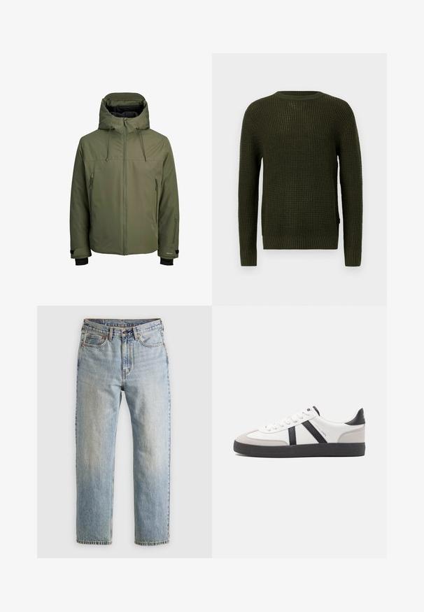 Olive green waterproof jacket with a removable hood, front zipper, and two side zip pockets. Features adjustable cuffs and a smooth texture.; Olive green knitted sweater with a round neckline, long sleeves, and ribbed cuffs. Features a textured pattern and a relaxed fit.; Light blue denim jeans with high waist, front button, zipper, and five-pocket design, laid flat on a neutral background.; White sneaker with black and gray accents, featuring a textured gray toe cap, black rubber sole, and flat white laces. Clean design, minimalist style.