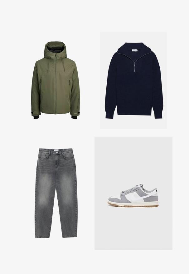 Oliwkowa wodoodporna kurtka z odczepianym kapturem, przednim zamkiem błyskawicznym i dwoma bocznymi kieszeniami na zamek. Posiada regulowane mankiety i gładką fakturę.; Granatowy sweter wełniany z połową suwaka, z prążkowaną fakturą i V-kształtnym wzorem z przodu. Długie rękawy i dopasowany dół.; Jeansy z wysokim stanem, luźne, w wyblakłym czarnym deninie. Posiadają pięć kieszeni, szlufki na pasek oraz prosty, klasyczny krój nogawek.; Szare i białe trampki z zamszową i skórzaną cholewą, okrągłym noskiem, płaskimi sznurówkami i gumową podeszwą z akcentem w kolorze gumy.