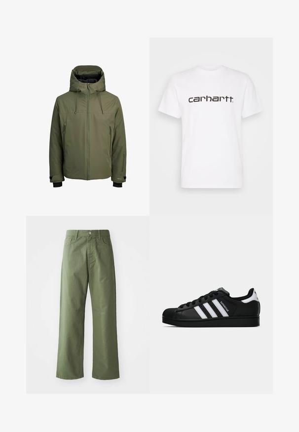 Oliwkowa wodoodporna kurtka z odczepianym kapturem, przednim zamkiem błyskawicznym i dwoma bocznymi kieszeniami na zamek. Posiada regulowane mankiety i gładką fakturę.; Biała bawełniana koszulka z krótkim rękawem i okrągłym dekoltem. Posiada duże logo "Carhartt" w ciemnobrązowym kolorze na klatce piersiowej.; Olive zielone spodnie z szerokimi nogawkami wykonane z bawełny. Posiadają szlufki na pasek, zapięcie na guzik z przodu oraz boczne kieszenie. Gładka tekstura.; Czarne sneakersy Adidas Superstar z białymi paskami, noskiem w kształcie muszli i napisem "Superstar" na boku, zaprezentowane w profilu bocznym na białym tle.