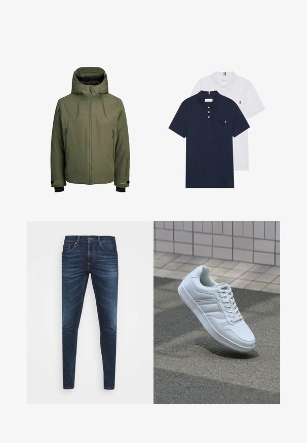 Olivgrön vattentät jacka med avtagbar huva, frontdragkedja och två sidofickor med dragkedja. Har justerbara manschetter och en mjuk textur.; Två polo t-shirts: en marinblå och en vit, båda med en liten röd, vit och blå detalj på bröstfickan och kragen.; Mörkblå denimjeans med smal passform, subtilt blekning, fem fickor och metallknappstängning. Sömnadsdetaljer i kontrasterande färg.; Vit atletisk sneakers med slätt läderöverdel, snörning fram, perforerad tå och mönstrad sula. Minimalistisk design med tre sidostycken.