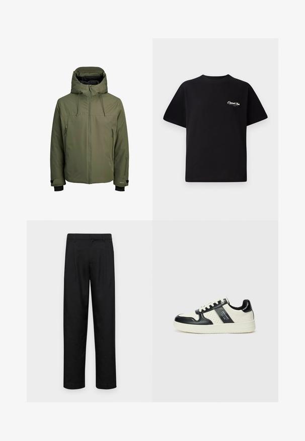 Olivno zelena vodoodporna jakna z odstranitveno kapuco, sprednjim zadrgo in dvema stranskima žepi z zadrgo. Ima nastavljive zapestnice in gladko teksturo.; Črna bombažna majica s krožno ovratnikom, kratkimi rokavi in majhnim belim logotipom na levem prsnem delu. Preprost dizajn, klasičen kroj.; Črne hlače iz gladkega materiala, s krojem ravne noge, dvema sprednjima pregiboma in standardnim pasom z zankami za pas.; Usnjeni športni čevlji z črno in krem barvno shemo, ki vključujejo perforirane dodatke, podložen ovratnik in strukturirano podplat.