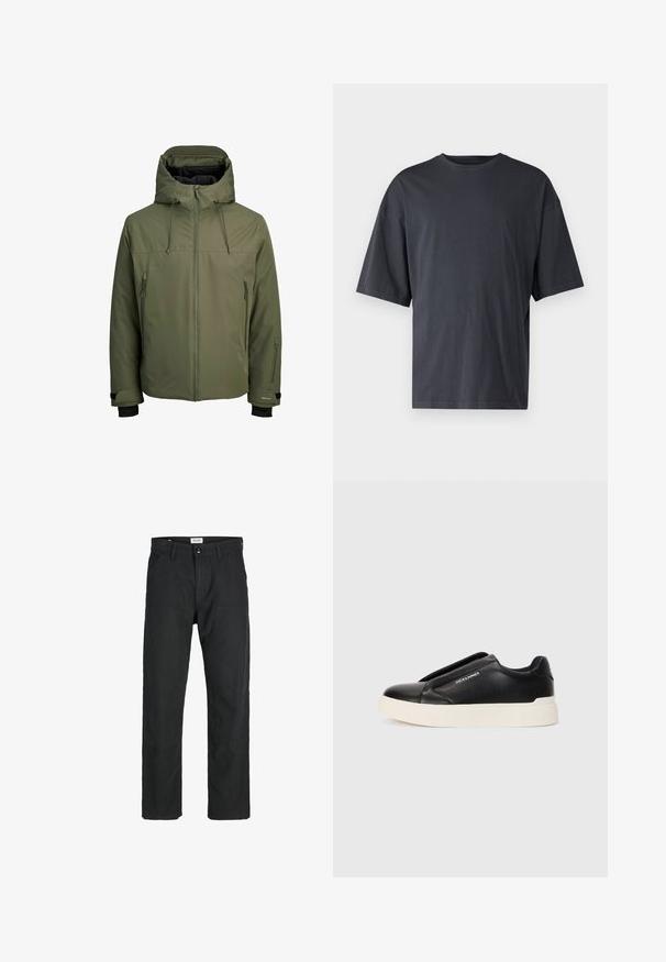 Olivovo zelená nepremokavá bunda s odnímateľnou kapucňou, predným zipsom a dvoma bočnými zipsovými vreckami. Má nastaviteľné manžety a hladkú štruktúru.; Tmavošedé tričko s krátkym rukávom vyrobené z ľahkého bavlneného materiálu, s voľným strihom a klasickým okrúhlym výstrihom, bez vzoru a s hladkou textúrou.; Čierne nohavice vyrobené z odolného materiálu, s rovnými nohavicami, prešitými detailmi a dvoma prednými vreckami pre väčšiu funkčnosť.; Čierne tenisky na gumenú podrážku so štruktúrovaným koženým vrchom, biela gumová podrážka a žiadne viditeľné šnúrky. Na boku sa nachádza logo značky.