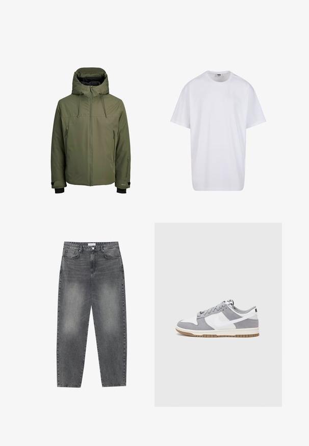 Veste imperméable vert olive avec une capuche amovible, fermeture éclair à l'avant et deux poches latérales zippées. Elle dispose de poignets ajustables et d'une texture lisse.; T-shirt en coton blanc avec des manches courtes, un col rond, une coupe décontractée et sans logos ni motifs visibles. Texture lisse et design minimaliste.; Jean taille haute, décontracté en denim noir délavé. Comprend cinq poches, des passants de ceinture et un design de jambe droite épurée.; Baskets grises et blanches avec un dessus en suède et cuir, bout rond, lacets plats et semelle en caoutchouc avec une touche de gomme.