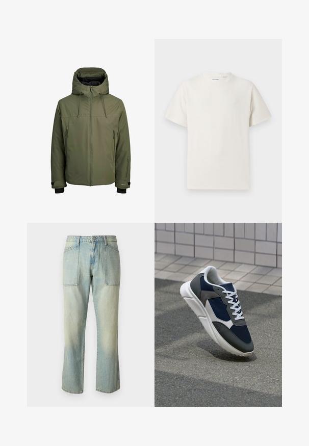 Olive green waterproof jacket with a removable hood, front zipper, and two side zip pockets. Features adjustable cuffs and a smooth texture.; White short-sleeve T-shirt in a ribbed texture. Round neckline, relaxed fit, no visible patterns or accents. Simple and versatile design.; Light blue denim jeans with a straight leg cut, visible stitching, and two large front pockets. The fabric has a faded texture.; Sneaker featuring a navy blue mesh upper, gray suede accents, white rubber sole, and flat white laces, designed for comfort and breathability.