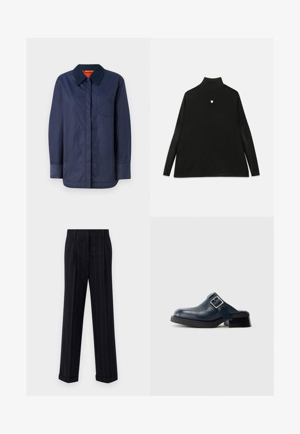 Marineblaues Langarmjacke mit spitzem Kragen, Fronttasche und glatter Textur. Verfügt über ein kontrastierendes Innenfutter in Rot und Gelb.; Schwarzer Rollkragenpullover mit langen Ärmeln, ausgestattet mit einem kleinen weißen Herz-Emblem auf der Brust. Weicher Stoff und lockere Passform.; Schwarz gestreifte Hose mit tailliertem Schnitt, mit einem umgeschlagenen Saum und vorderen Falten. Hergestellt aus glattem Stoff mit einer strukturierten Gestaltung.; Dunkelblaue Lederclogs mit strukturiertem Finish, ausgestattet mit einem Seitenriemen und einer silbernen Schnalle, auf einem niedrigen schwarzen Absatz mit einer robusten Sohle.
