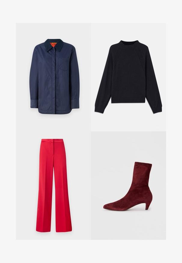 Marineblauwe lange mouw jacket met een puntige kraag, voorzak en een gladde textuur. Heeft een contrasterende voering aan de binnenkant in rood en geel.; Donkerblauwe trui met een ronde halslijn, lange raglanmouwen, geribbelde manchetten en een rechte zoom. Gemaakt van een zachte, gestructureerde breimateriaal.; Rode wijde broek met een soepele textuur, een platte tailleband en een gestructureerd ontwerp, met plooien aan de voorkant en een getailleerde pasvorm.; Bordeaux suède enkellaars met een spitse neus en lage hak. Gladde textuur en een aansluitend ontwerp zonder zichtbare hardware of patronen.