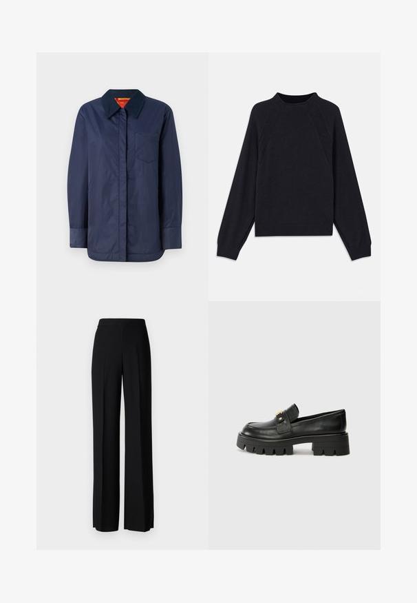 Navy blue long-sleeve jacket with a pointed collar, front pocket, and smooth texture. Features a contrasting inner lining in red and yellow.; Dark navy sweater with a round neckline, long raglan sleeves, ribbed cuffs, and a straight hem. Made from a soft, textured knit material.; Black wide-leg trousers with a smooth texture, featuring a high waistband and center pleats. No visible patterns or hardware details.; Black leather loafers with a chunky sole, featuring a gold-tone accent on the front and a smooth finish. Chunky tread design on the sole.