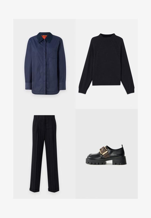Tengerészkék, hosszú ujjú dzseki hegyes gallérral, elülső zsebbel és sima textúrával. Kontrasztos piros és sárga belső béléssel rendelkezik.; Sötét tengerészkék pulóver kerek nyakkivágással, hosszú raglán ujjal, bordázott mandzsettával és egyenes szegéllyel. Puha, texturált kötött anyagból készült.; Fekete csíkos nadrág, testre szabott fazonnal, cuffolt szegéllyel és elülső redőkkel. Sima anyagból készült, strukturált kialakítással.; Fekete bőrcipő vastag talppal, arany csatkosárral és textúrázott barna díszítéssel. Kerek orr és minimalista dizájn.