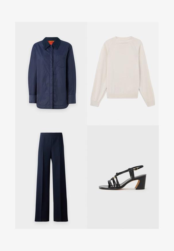 Navy blue long-sleeve jacket with a pointed collar, front pocket, and smooth texture. Features a contrasting inner lining in red and yellow.; Light cream sweater made of soft, knit fabric. Features a crew neck, long sleeves, and ribbed cuffs and hem with raglan sleeve design.; Wide-leg trousers in dark navy fabric, featuring a smooth texture, subtle front pleats, and a fitted waistband for a streamlined silhouette.; Paul Smith AMIRA - Classic heels - black