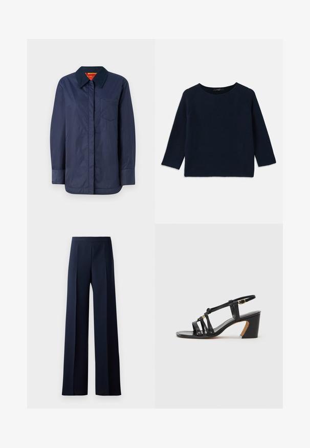 Námořnická modrá bunda s dlouhými rukávy, špičatým límcem, přední kapsou a hladkou texturou. Obsahuje kontrastní vnitřní podšívku v červené a žluté barvě.; Námorně modrý pletený svetr s kulatým výstřihem a tříčtvrtečními raglánovými rukávy. Obsahuje texturovaný vzor a detaily s raw lemem.; Kalhoty s širokými nohavicemi z tmavě námořnické látky, s hladkou strukturou, jemnými předními sklady a přiléhavým pasem pro štíhlý siluetu.; Paul Smith AMIRA - Klasické lodičky - black