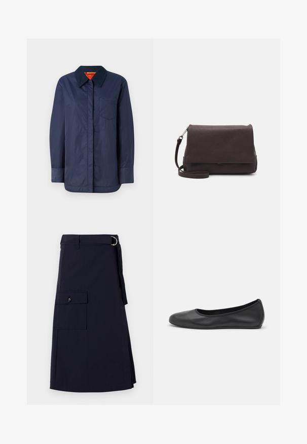 Tumesinine pikkade varrukatega jakk, millel on terav krae, esikott ning sile tekstuur. Omab kontrastset sisesoont punase ja kollase tooni kombinatsioonis.; Valge pika käisega krae särg, mis on valmistatud puuvillast. Omab nööbipaneeli esiosa ja ühte rinna taskut. Sujuv tekstuur, vabalt lõigatud.; Tumesinine seelik, millel on struktureeritud disain, külgpocket ja metallist D-rõnga vöödetail. Valmistatud vastupidavast kangast.; Musthave mustika tantsutossud mustast nahast, ümmarguse varbaga, siledast tekstuurist, minimaalse õmblusdetailiga ja paindliku tallakujundusega.; Tiger of Sweden LIMBIATE UNISEX - Ülerinna-kott - pure decadence