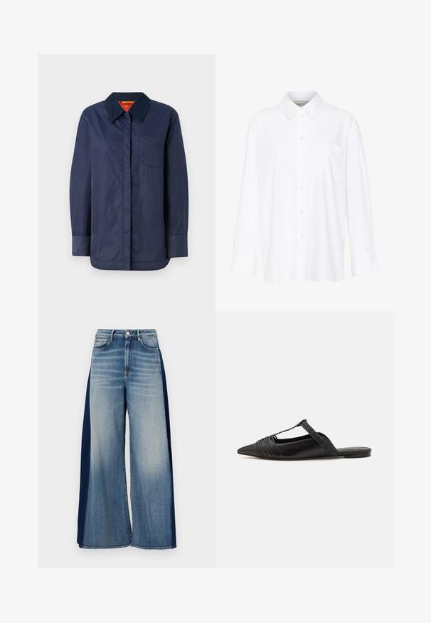 Námořnická modrá bunda s dlouhými rukávy, špičatým límcem, přední kapsou a hladkou texturou. Obsahuje kontrastní vnitřní podšívku v červené a žluté barvě.; Bílá košile s dlouhým rukávem a límečkem vyrobená z bavlny. Má knoflíkovou přední část a jedno kapsičku na prsou. Hladký povrch, volný střih.; Džíny s širokými nohavicemi v dvoubarevném provedení, světle modrý předek a tmavě modré boční panely, s klasickým pasem a knoflíkovým zapínáním.; Černé kožené slingback boty se špičatou špičkou, s tkaným akcentem a plisovaným designem svršku. Plochá podešev s minimálním kovovým zapínáním.