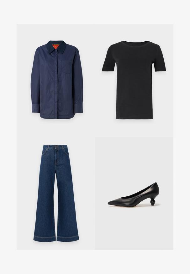 Mörkblå långärmad jacka med spetsig krage, framficka och slät yta. Har en kontrasterande inre foder i röd och gul.; Svart kortärmad t-shirt i mjuk bomull, med rund halsringning och klassisk passform. Slät textur, inga mönster eller dekorationer.; Bredda blå denimjeans med hög midja, med knappstängning, bältesögglor och subtila sömdetaljer längs fickorna och fållarna.; Svart läderhögklackad sko med spetsig tå och rund, bollformad klack. Slät yta med en elegant, minimalistisk design.