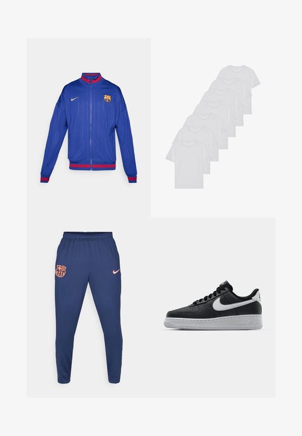 Sininen vetoketjullinen takki, joka on valmistettu sileästä kankaasta ja jossa on pystysuuntaiset raidoitukset. Takissa on punaisia ja kultaisia yksityiskohtia sekä brodattu joukkueen logo rinnassa.; Valkoiset puuvillapaidat, lyhyet hihat, pyöreä kaula-aukko, yksinkertainen pinta, pinottuina riviin, jossa on hienoinen brändäys kaula-aukossa.; Tummansinisiä urheiluhousuja, jotka on valmistettu sileästä kankaasta. Housuissa on oranssi FC Barcelonan logo ja pieni oranssi Nike-tikkaus lantiolla.; Musta nahkakengät, joissa on teksturoitu pinta, valkoinen Nike -logo, harmaa pohja, pyöreä kärki ja nauhakiinnitys. Varustettu rei'illä kärkilaatikossa.