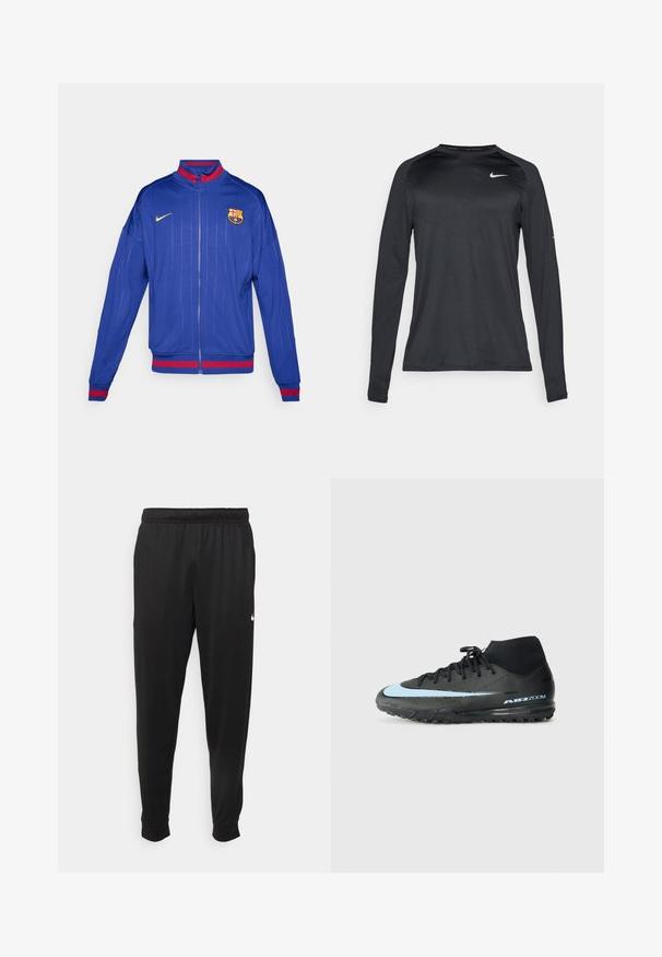 Kék, sima anyagú, zippzárral ellátott dzseki, függőleges csíkokkal, piros és arany díszítéssel, valamint hímzett csapatzászlóval a mellkason.; Hosszú ujjú fekete sportpóló sima, rugalmas anyagból. Diszkrét textúrájú designnal és egy kis fehér logóval a mellkasán.; Fekete sportos nadrág sima anyagból, rugalmas derékkal, szűkülő lábakkal és egy kis fehér logóval a bal oldalon.; Fekete sportcipő, magas szárú dizájnal, világoskék díszcsíkkal és textúrázott talppal a tapadás érdekében. Az "AIR ZOOM" márkázás látható.