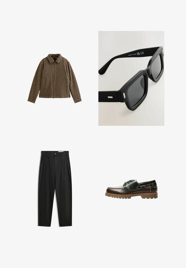 Veste à carreaux marron avec col, fermeture éclair intégrale et manches longues. Fabriquée en tissu texturé, elle présente une coupe décontractée et des détails de motif subtils.; Chemise boutonée vert foncé avec un col, des manches longues et une poche poitrine unique ; elle dispose de boutons blancs et d'une texture douce.; Pantalon en coton noir avec une coupe décontractée, dotés d'une taille classique, de plis à l'avant et de poches latérales. Texture lisse sans motifs.; Chaussure bateau en cuir marron et noir avec lacets, coutures contrastées et semelle en caoutchouc texturée. Comprend des œillets métalliques et un bout arrondi.; Lunettes de soleil rectangulaires noires avec finition mate, verres sombres et accents argentés sur les branches. Présente un design de monture épaisse et une texture lisse.