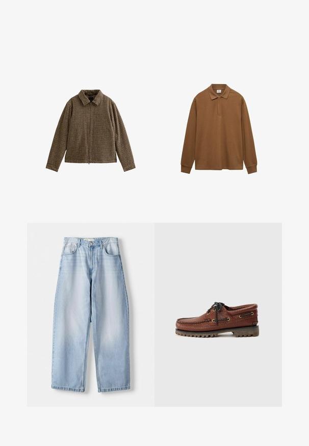 Bruine geruite jas met kraag, volledige rits en lange mouwen. Gemaakt van textuurstof, met een ontspannen pasvorm en subtiele patroon details.; Bruine longsleeve polo shirt gemaakt van katoen, met een kraag, knoopsluiting en geribbelde manchetten; gladde textuur en relaxte pasvorm.; Lichtblauwe denim wijdvallende jeans met een middelhoge taille, vijf zakken, en subtiele vervaging; afgewerkt met een rechte zoom en riemlussen.; Bruine leren bootschoen met een gestructureerde bovenkant, zwarte vetersluiting en gouden oogjes. Beschikt over een duurzame, geribbelde rubberen zool.