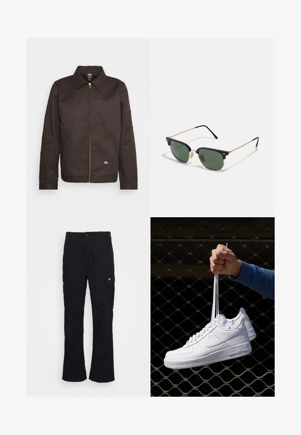 Brown zip-up jacket with a collared neckline, side pockets, and a small logo patch. Made of sturdy fabric, featuring long sleeves.; Young person with braided hair wearing a light gray Nike T-shirt and black Nike shorts against a plain white background.; Black cargo pants with a straight leg design, made from durable fabric, featuring side pockets and a patch logo on the left side.; White leather sneakers with perforations, round toe, flat sole, and thick laces, featuring a visible swoosh logo and "AIR" on the heel.; Sunglasses with green lenses, black plastic top frame, gold metal accents, and slender black temple arms. Features a distinctive bridge design.