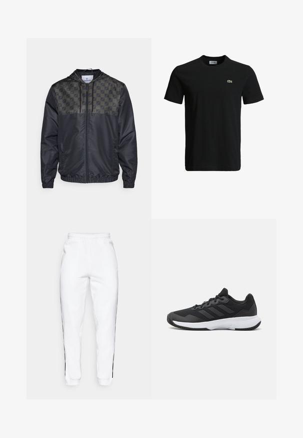 Chaqueta con capucha de cremallera negra, con un patrón de cuadros en verde oliva en la parte superior del pecho y los hombros, puños elásticos y bolsillos frontales.; Camiseta de algodón negra con cuello redondo, mangas cortas y un pequeño logo de cocodrilo verde en el lado izquierdo del pecho. Textura suave, diseño casual.; Pantalones de chándal blancos con cintura elástica, que cuentan con franjas laterales negras y puños. Hechos de un tejido suave con una textura lisa.; Zapatilla deportiva negra con una parte superior texturizada, tres franjas horizontales y una suela blanca con un dibujo en su superficie. Diseño ligero y aerodinámico.