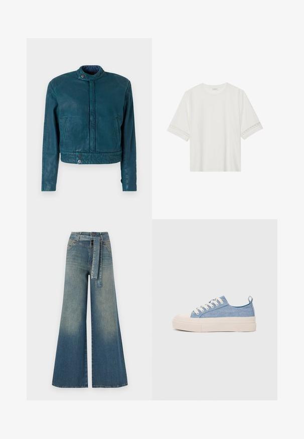 Teal skinnjakke med croppet lengde, stående krage, knappelukking foran og to sidelommer. Har en jevn tekstur og minimalistisk design.; Hvit t-skjorte med kort erme laget av bomull, med dekorativ blondekant langs ermene og en rund halslinning.; Bredde ben jeans med en lyseblå til mørkeblå gradient, høyt liv, beltehemper og et matchende belte i samme stoff. Teksturert denimoverflate.; Lys blå canvastøfler med en kremfarget gummitupp og yttersåle, med hvite snørebånd og en løfteløkke på hælen.