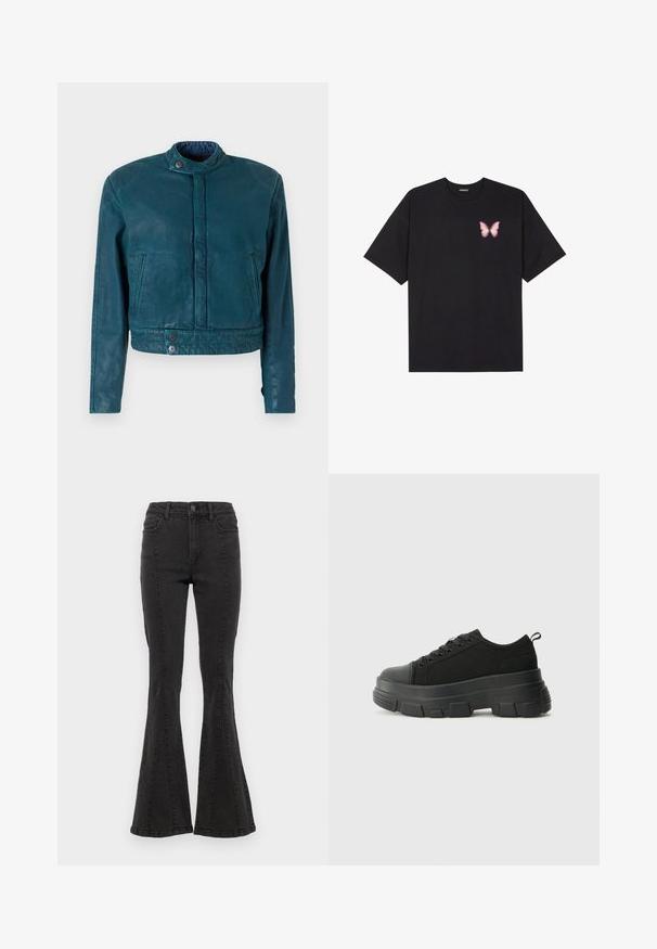 Teal kožna skraćena jakna s okruglim ovratnikom, prednjim kopčanjem na dugmad i dva bočna džepa. Ima glatku teksturu i minimalistički dizajn.; Crna pamučna majica s kratkim rukavima, s malim grafičkim prikazom ružičaste vjetricaste s desne strane na prsima. Dizajn s okruglim izrezom i opuštenim krojem.; Crne traperice s čarape i visokim strukom, s bočnim šavovima i čistim rubom. Tkanina ima glatku teksturu s blagim rastezanjem.; Crne tenisice s debelim gumenenim potplatom, teksturiranim gornjim dijelom od tkanine, okruglim vrhom i dizajnom s vezicama. Imaju pojačane rupice za vezice i dodatak za povlačenje straga.