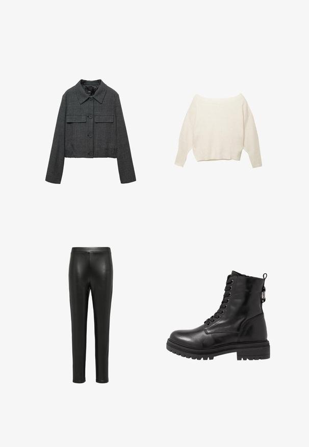 Kort zwart en grijs geblokt jasje met een kraag, twee voorzakken en knoopsluiting. Gelaagde stof met een op maat gemaakte ontwerp.; Crème-kleurige off-shoulder trui met geribde zoom en lange, brede mouwen. Zachte textuur, relaxte pasvorm. Eenvoudig, minimalistisch design.; Zwarte leren leggings met een nauwsluitend ontwerp, een gladde textuur en een hoge taille. De benen lopen taps toe naar de enkel, zonder zichtbare hardware.; Zwarte leren enkelboot met ronde neus, vetersluiting aan de voorkant en een getextureerde rubberen zool. Hij heeft een lus aan de achterkant en versterkte stiksels.