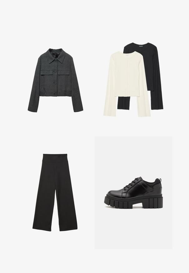 Przycięta czarna i szaro-skalna kurtka w kratę z kołnierzem, dwiema przednimi kieszeniami i zapięciem na guziki. Teksturowany materiał o dopasowanym kroju.; Zestaw dwóch bluzek z długim rękawem w kolorze białym i czarnym. Prążkowana struktura, okrągły dekolt, dopasowany fason z lekko rozszerzanymi rękawami.; Czarne spodnie szerokie z nogawkami, wyposażone w wysoki elastyczny pas, wykonane z miękkiego materiału i luźnym kroju, idealne do codziennego noszenia lub w luźniejszych okolicznościach.; Czarne skórzane buty na platformie z masywnym słupkowym obcasem, okrągłym noskiem i klasycznym sznurowaniem. Posiadają gładką teksturę i minimalne wykończenia.