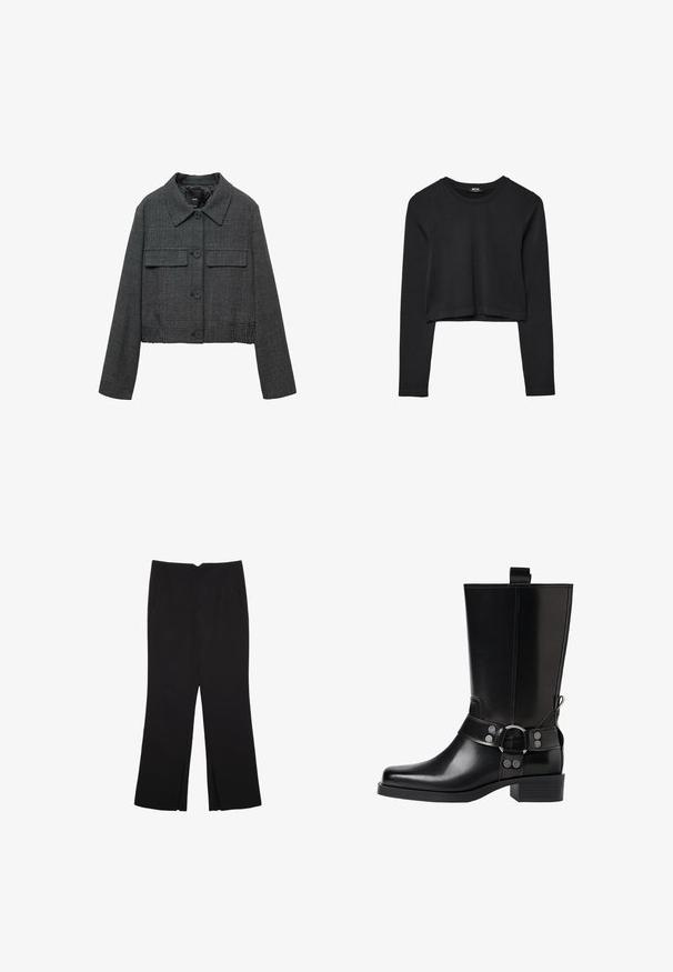 Beskuren svart och grå rutigt jacka med krage, två framfickor och knappstängning. Texturerad tyg med skräddarsydd design.; Svart långärmad croppad topp med rund halsringning, enkel design och en något rundad nederkant.; Svarta byxor med rak passform, utrustade med framfickor och sidoklyvningar vid fållen. Tillverkade av mjukt, slätt tyg. Lämpliga för olika tillfällen.; Svart läderknähöga stövlar med spetsig tå, silverfärgade spännen och klumpig klack. Har en dragflik för enkel påtagning.