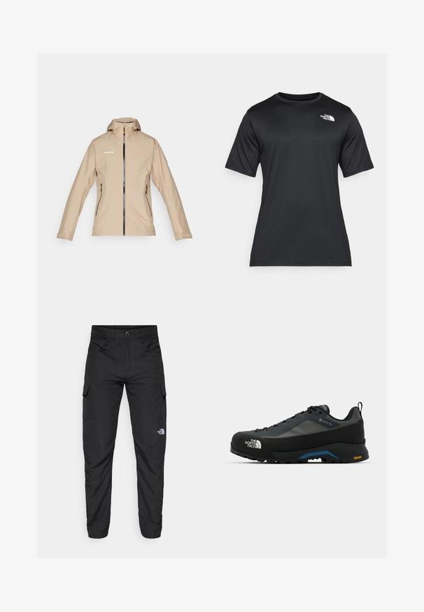 Beżowa wodoodporna kurtka z zamkiem z przodu, regulowanym kapturem, dwoma bocznymi kieszeniami i czarnymi akcentami. Zawiera logo na górnej części.; Czarna koszulka z krótkim rękawem wykonana z lekkiego, odprowadzającego wilgoć materiału. Posiada białe logo na lewej stronie klatki piersiowej oraz okrągły dekolt.; The North Face HORIZON czarny; The North Face VERTO ALPINE szary