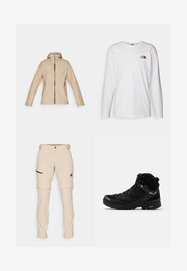 Beige vandtæt jakke med lynlås fortil, justerbar hætte, to sidelommer og sorte detaljer. Har logo på den øverste side.; Hvid langærmet T-shirt lavet af bomuld med rund hals. Har et lille sort logo på brystet. Glat tekstur, almindelig pasform.; Mammut RUNBOLD ZIP OFF PANTS MEN - Outdoorbukser - savannah; Sort vandrestøvle med struktureret overdel, forstærket tå og Vibram-sål. Snøresystemet inkluderer kroge for en sikker pasform.