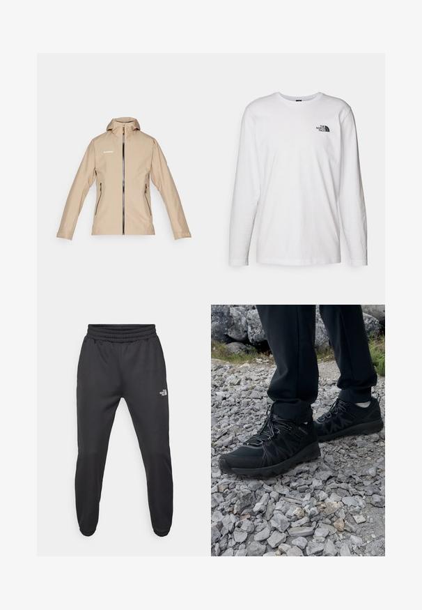 Beige vandtæt jakke med lynlås fortil, justerbar hætte, to sidelommer og sorte detaljer. Har logo på den øverste side.; Hvid langærmet T-shirt lavet af bomuld med rund hals. Har et lille sort logo på brystet. Glat tekstur, almindelig pasform.; Sorte sweatpants med snor i livet, tætsiddende pasform, elastiske manchetter og et lille hvidt logo på venstre lår, lavet af glat stof.; Sorte udendørssko med mesh og syntetisk materiale, med en tekstureret overdel, sikre snørebånd og en robust ydersål, på klippelandskab.