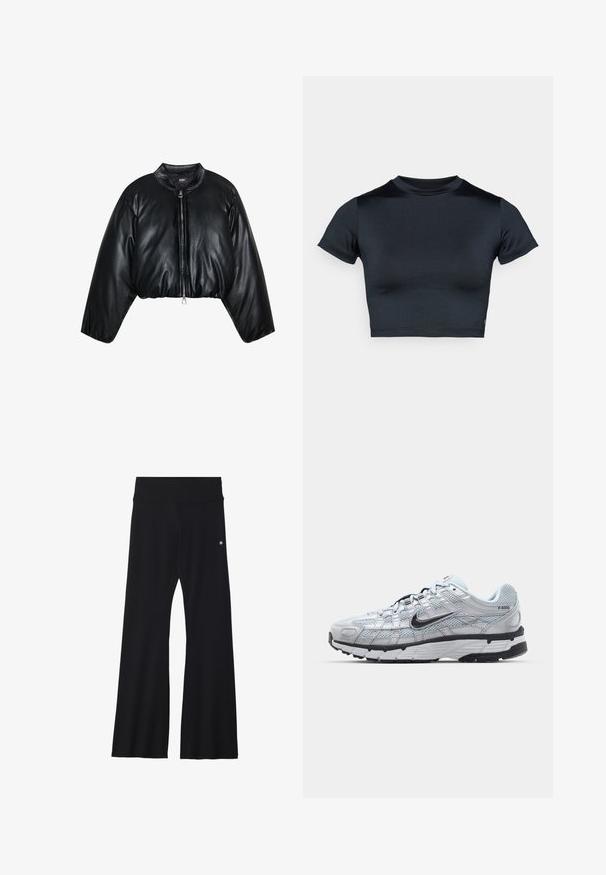 Zign Studio Žieminė striukė - black; Tamsiai mėlynas trumpomis rankovėmis crop topas, pagamintas iš lygaus, tamprios medžiagos. Suapvalinta iškirptė ir minimalūs siuvimo detalės. Logotipų nėra.; Juodos, plisėtos kelnės iš tamprios medžiagos, su plačiu liemens diržu ir mažu logotipu klubo srityje. Lygus tekstūros paviršius ir visiško ilgio dizainas.; Nike P-6000 sportbačiai su šviesiai pilku tinkleliu, juodais akcentais ir patvariu juodu guminėm padais. Yra sudėtingas dizainas ir raištelių sistema.