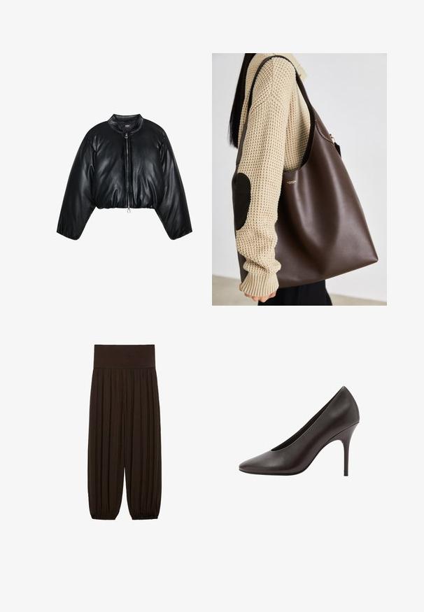 Zign Studio Winterjacke - black; Graues Langarmhemd aus leichtem Baumwollmix mit Rundhalsausschnitt und schlichter Textur ohne Muster oder Akzente.; Schwarze Hemd mit Knopfleiste, braun-, weiß- und grau-kariertem Muster, langen Ärmeln, Kragen und einer Fronttasche mit diagonalen Karomuster.; Braune plissierte Hose mit einem breiten, elastischen Bund. Der Stoff ist leicht und strukturiert und hat an den Säumen Gatherings.; Schwarzer Leder-Pumps mit spitz zulaufender Zehenpartie und schlankem Stilettospitz, auf der Seite gezeigt.; Braune Leder-Umhängetasche mit geräumigem Design. Verfügt über eine glatte Textur und ein dezentes Goldenes Logo. Kombiniert mit einem cremefarbenen Strickpullover.