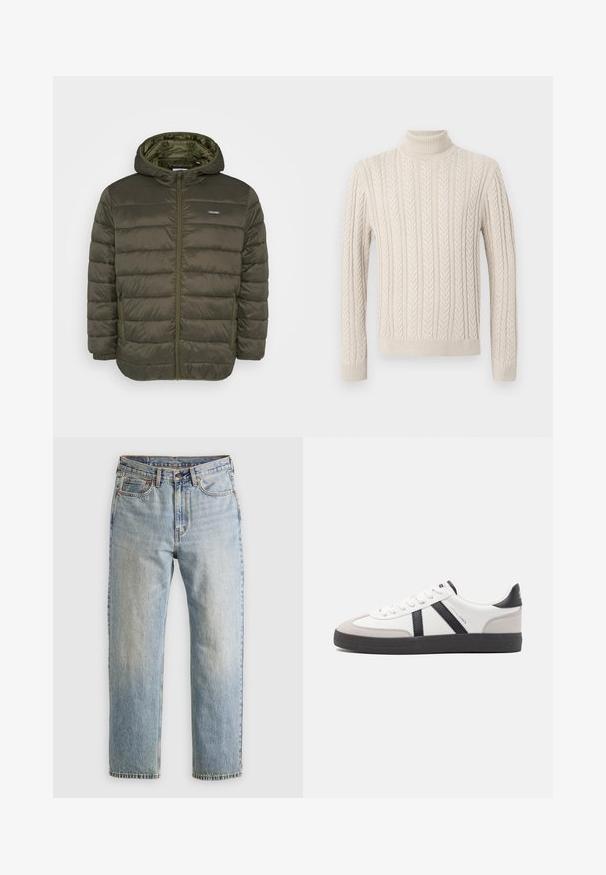 Olive rohe puffer jakk, millel on kapuuts, esituledega lukuga, horisontaalne õmblusmuster ja kaks küljetaskut. Sujuv ja kerge materjal.; Beige, kootud sviiter kõrge soonikuline kaelus. Omab tekstuuriga nöörmustrit ning soonikuid varrukaid ja alumist äärt, pakkudes hubast välimust.; Heledad hele sinine teksapükste kõrge vöökoht, ees nupuga, lukuga ja viie taskuga disain, asetatud tasasele neutraalsele taustale.; Valged tossud mustade ja hallide aktsentidega, tekstureeritud halli varbakattega, musta kummitald ja lamedad valged paelad. Puhtad jooned, minimalistlik stiil.