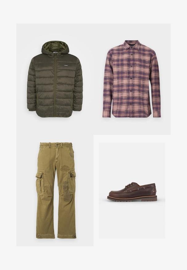 Jaka olivnozelene boje s kapuljačom, s patentnim zatvaračem sprijeda, vodoravnim šavovima i dva bočna džepa. Glatki, lagani materijal.; Košulja dugih rukava s kari uzorkom u ljubičastim i ružičastim tonovima, s kragnom na dugme i crnim dugmadi, izrađena od mekog materijala sa glatkom teksturom.; Maslinasto zelene cargo hlače s više džepova, sa uzorkovanom krpicom na desnoj nozi i ojačanim šavovima. Opustit će se prilagodba i tekstura tkanine.; Smeđe kožne brodske cipele s zaobljenim vrhom, šest rupica za vezivanje, kontrastnim šavovima i teksturiranim gumenim potplatom.