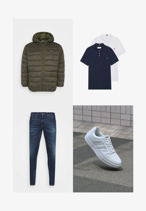 Alyvuogių spalvos pūkinė striukė su gobtuvu, su užtrauktuku priekyje, horizontaliai siūtu raštu ir dviem šoninėmis kišenėmis. Slydus, lengvas audinys.; Du keturių marškiniai: vienas tamsiai mėlynas ir vienas baltas, abu su mažais raudonais, baltais ir mėlynais akcentais ant krūtinės kišenės ir apykaklės.; Tamsiai mėlynos džinsinės kelnės su liesu siluetu, subtiliu nusidėvėjimu, penkiomis kišenėmis ir metaliniu mygtuku užsegimui. Įsiūtos akcentai kontrastinga spalva.; Baltos sportinės kedai su lygaus odos viršumi, raišteliais priekyje, perforuotu kojų pirštu ir raštuotu padu. Minimalistinis dizainas su trimis šoninėmis juostelėmis.