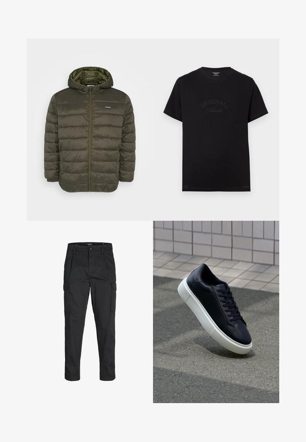 Olive rohe puffer jakk, millel on kapuuts, esituledega lukuga, horisontaalne õmblusmuster ja kaks küljetaskut. Sujuv ja kerge materjal.; Must t-särk lühikeste varrukatega ja ümmarguse kaelusega. Esiküljel on hõbedaselt kirjeldatud "ORIGINALS Studio".; Mustad mustapõlvik, mis on valmistatud tugeva koe kasutades, sisaldab mitmeid taskuid, nupule kinnitatav sulgemine ja kitsenev disain.; Mustast nahast tennisetoss, millel on ümar nina ja valge kummist tall. Omab siredaid paelu ja minimaalset õmblemist ülemises osas. Tekstuuriga tald, mis tagab haakuvuse.