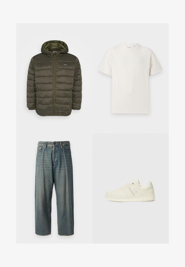 Olive rohe puffer jakk, millel on kapuuts, esituledega lukuga, horisontaalne õmblusmuster ja kaks küljetaskut. Sujuv ja kerge materjal.; Valge lühikeste varrukatega T-särk ribakudumises. Ümar kaelus, mugav lõige, nähtavad mustrid ega aksessuaarid puuduvad. Lihtne ja mitmekesine disain.; Heledad sinine denim-stiilis teksad, volüümse lõike, keskmise kõrgusega talje ja sirgete säärega. Omab viit taskut, vöökumme ja nööpide sulgemist.; Koor valged tossud perforatsiooni detailide, nööpide ja külje logo ka, esitatud ühtlase valge tausta ees.