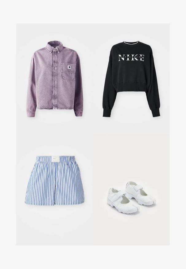 Cămașă din denim mov cu mâneci lungi, închidere cu nasturi în față, guler și buzunar pe pieptul stâng cu un patch al mărcii. Material texturat.; Hanorac negru scurt din bumbac, decorat cu imprimeu alb "NIKE" și "SPORTSWEAR", având manșete și guler cu nervuri.; Șorturi cu dungi albastre și albe, cu un brâu elastic și un etichetă cu logo-ul Nike. Fabricate dintr-un material ușor, cu o textură netedă.; Pantofi sport albi cu un superior texturat, curea ajustabilă cu Velcro, vârf rotund și o talpă groasă cu un model de rulare distinct.