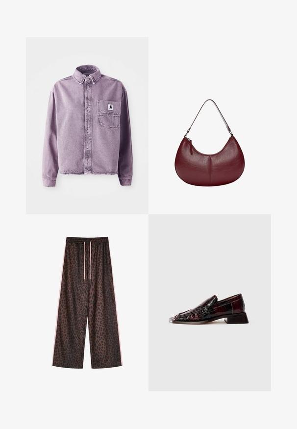 Fioletowa koszula dżinsowa z długimi rękawami, zapinana na guziki z kołnierzykiem i kieszonką na lewym szwie z naszywką z logo marki. Teksturowany materiał.; Beżowy top bez rękawów z unikalnym asymetrycznym dołem i teksturowanym materiałem. Posiada projekt z zachodzeniem przodu, surowe krawędzie oraz subtelny połysk.; Spodnie w szerokim fasonie w zwierzęcy wzór, w odcieniach brązu i czerni, z elastyczną talią i różowymi sznurkami do regulacji oraz różowymi paskami po bokach. Gładka tekstura materiału.; Ciemnobordowy lakierowany skórzany mokasyn z teksturowanym wykończeniem, niskim obcasem blokowym i klasycznym detalem w kształcie paska penny, pokazany z boku.; Bordowa skórzana torebka o zakrzywionym kształcie. Posiada jeden pasek na ramię i zamek błyskawiczny u góry, prezentując gładką, teksturowaną powierzchnię.