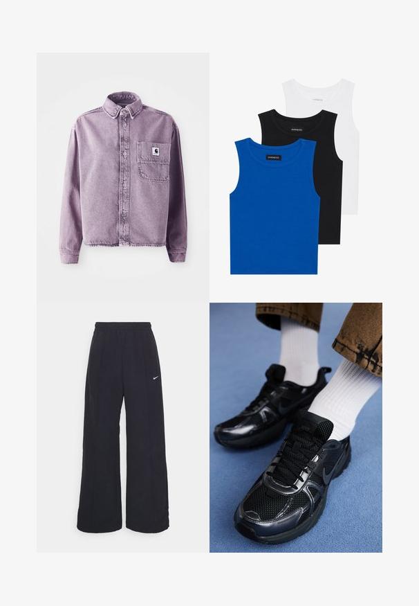 Camicia di denim viola con maniche lunghe, chiusura a bottoni, colletto e taschino sul petto sinistro con patch del logo del marchio. Tessuto testurizzato.; Tre magliette senza maniche in blu, nero e bianco. Il tessuto è a coste con un colletto rotondo. Ogni maglietta ha un'etichetta con la scritta "even&odd."; Pantaloni neri a gamba larga con cintura elastica e un piccolo logo Nike bianco. Il tessuto ha una texture liscia, progettata per il comfort e l'abbigliamento casual.; Scarpe da ginnastica Nike nere con materiale in mesh e sintetico, caratterizzate da una tomaia strutturata, lacci neri e suole in gomma resistenti. Calzini bianchi a coste visibili.