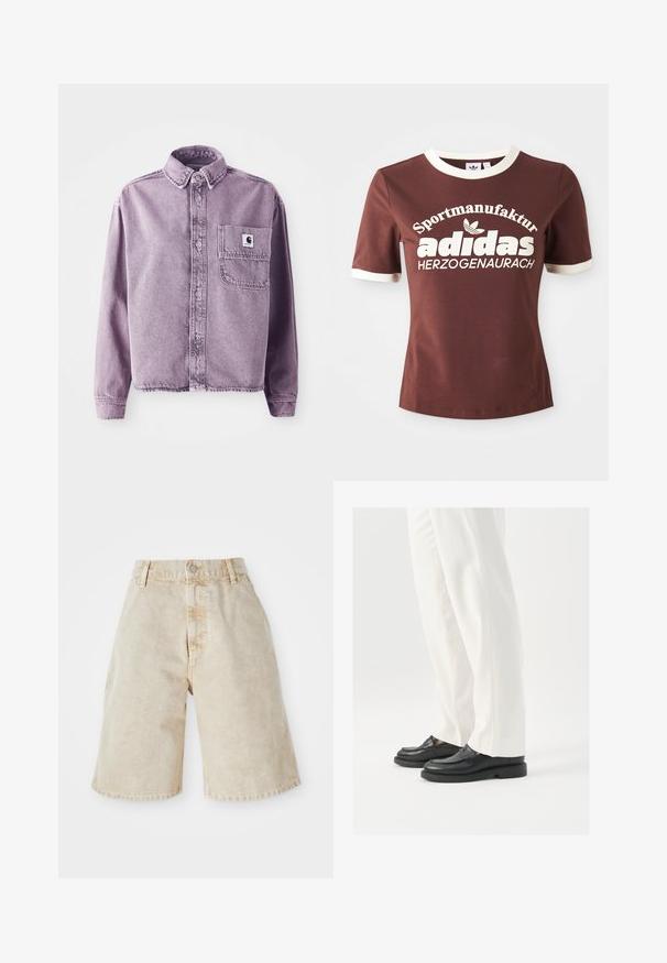 Camisa de ganga roxa com mangas longas, fecho frontal com botões, colarinho e bolso no lado esquerdo do peito com um patch do logotipo da marca. Tecido texturizado.; T-shirt castanho de manga curta com colarinho e punhos creme. Apresenta um grande texto branco que diz "Sportmanufactur adidas Herzogenaurach."; Calções de ganga bege com cintura alta, fecho de botão e bolsos frontais. Apresenta um fit casual e solto, com bordas ligeiramente desfiadas.; Mocassins de couro preto com uma textura suave, detalhes de costura e bico arredondado, combinados com calças brancas ajustadas.
