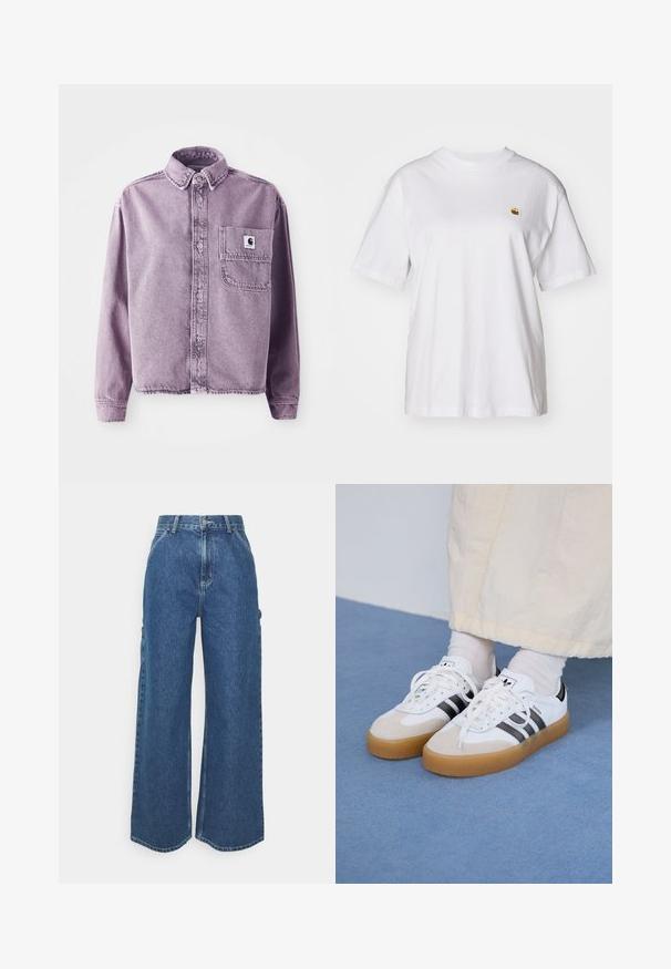 Fialová denimová košeľa s dlhým rukávom, zapínanie na gombíky vpredu, golier a ľavá náprsní kapsa s nášivkou loga značky. Textúrovaná tkanina.; Biely bavlnený tričko s voľným strihom, krátkymi rukávmi a malým vyšitým logom na ľavej strane hrude.; Dlhé modré džínsy so širokými nohavicami a vysokým pásom, s kontrastným prešívaním a bočnými vreckami, s klasickým dizajnom piatich vreciek a surovými lemami.; Biele tenisky s čiernymi pruhmi a béžovými semišovými detailmi. Majú textúrovanú gumovú podrážku a ploché biele šnúrky, kombinované s svetlými ponožkami.