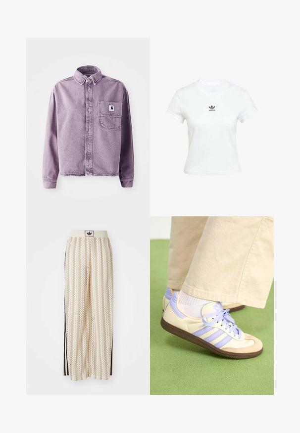 Paarse denimshirt met lange mouwen, knoopsluiting aan de voorkant, kraag en een linkse borstzak met een merklogo patch. Gelaagde stof.; Witte katoenen T-shirt met korte mouwen en een ronde hals. Voorzien van een zwart Adidas-logo op de borst. Eenvoudig, minimalistisch ontwerp.; Crème kleurige wijde broek met een zigzagpatroon, met een zwarte logo tailleband en zij zwarte strepen. Lichtgewicht, gestructureerde stof.; Crème- en lavendel-sneakers met drie strepen en een gestructureerde bruine zool, voorzien van veters en een gewatteerde hiel. Zachte stoffen bovenkant.