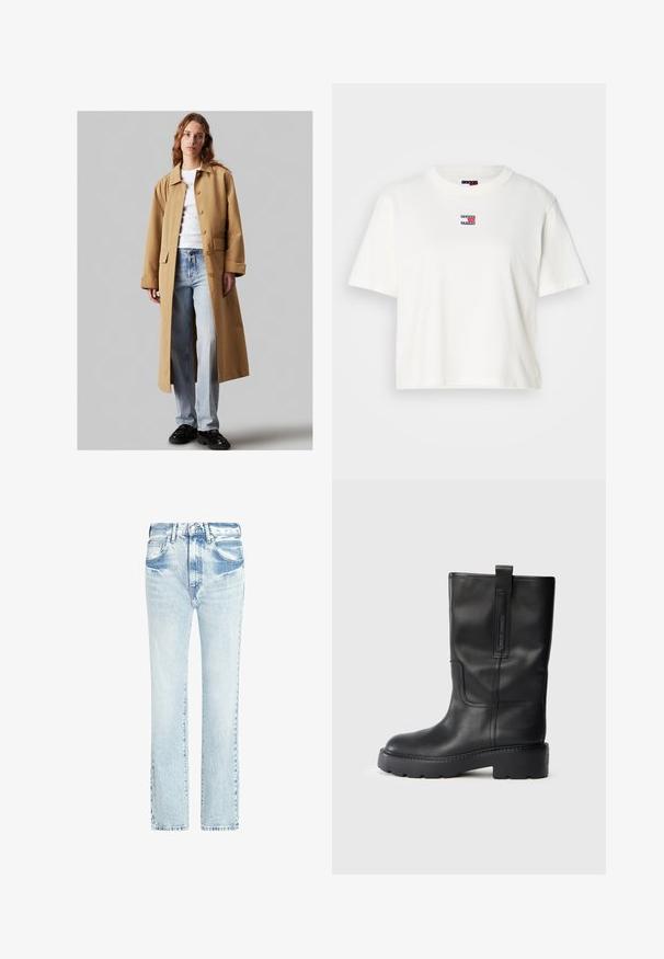 Bež dug kaput s ovratnikom, prednjim dugmadi i bočnim džepovima, uparen s svijetlim plavim trapericama i crnim čizmama na debelom potplatu. Glatka tekstura tkanine.; Bijela pamučna majica s okruglim izrezom i kratkim rukavima. Na prsima se nalazi mala perjanica s bojama crvene, plave i bijele.; Svijetloplave traperice s ravnim nogavicama, pet džepova i izblijedjelom teksturom. Imaju vidljive šavove i klasično kopčanje na gumbar.; Crne kožne čizmice do koljena s elegantnim dizajnom, sa debelim potplatom i bočnom oznakom za lako obuvanje. Istaknuti detalji šivanja.