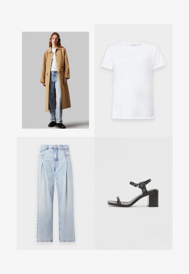 Bež dolg plašč z ovratnikom, sprednjimi gumbi in stranskimi žepi, v kombinaciji s svetlo modrimi kavbojkami in črnimi robustnimi čevlji. Gladka tekstura tkanine.; Bela kratka majica s kratkimi rokavi iz bombaža z obliko okroglega izreza. Gladka struktura in raven kroj, brez vzorcev ali dodatkov.; Svjetloplave traperice visoko struka, širokog kroja, s dva bočna djepa i naboranim dizajnom. Mekana tekstura s izblijedjelim završetkom.; Črne usnjene sandale z blok peto, širokim trakom čez prste in nastavljivim trakom okrog gležnja, z elegantnim, minimalističnim dizajnom.