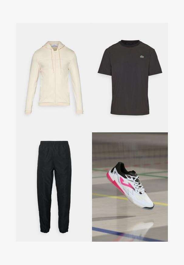 Sergio Tacchini MAJONG - Training jacket - wood ash; Black short-sleeve T-shirt made of soft fabric featuring a round neckline and a small green crocodile logo on the left chest.; Black athletic pants made of lightweight material with elastic waistband and cuffs, featuring a smooth texture and minimal branding detail.; White athletic shoe with pink accents, black heel, textured upper, lace-up design, and rubber sole. Air cushioning visible in sole design.